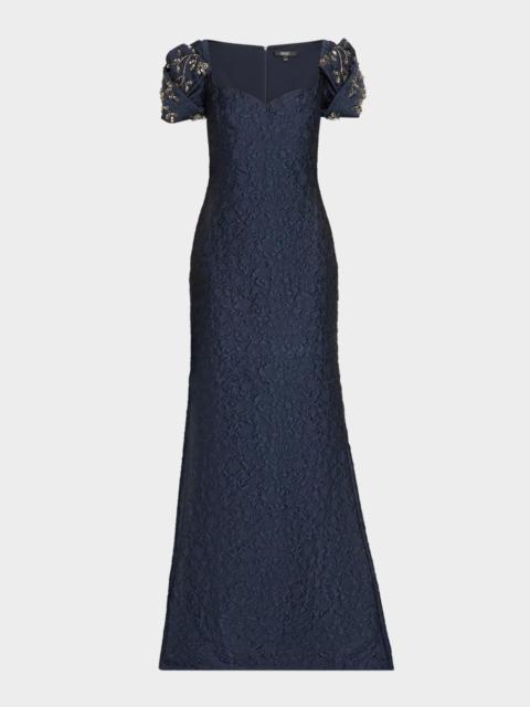 BADGLEY MISCHKA Puff-Sleeve Jacquard Mermaid Gown