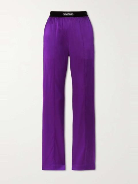 Velvet-trimmed stretch-silk satin pants