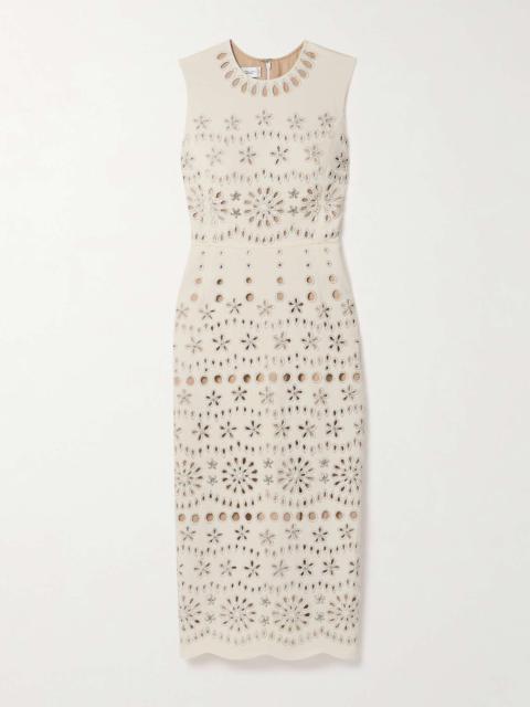 Crystal-embellished broderie anglaise wool-blend crepe midi dress