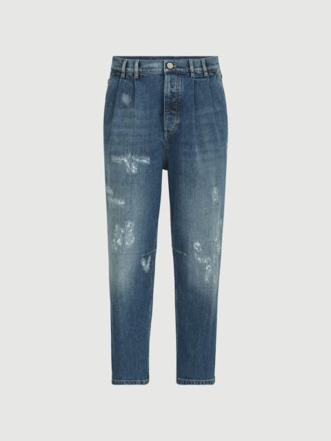 Brunello Cucinelli Comfort cotton denim iconic fit five-pocket trousers with double pleats and rips