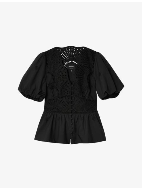 WHISTLES Broderie V-Neck Puff-Sleeve Cotton Blouse