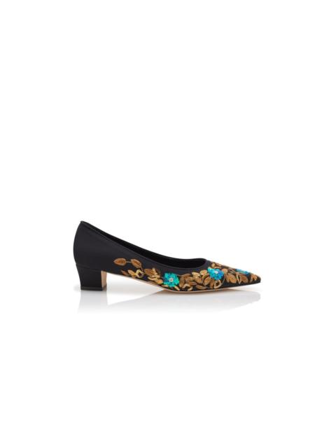 Manolo Blahnik Black Crepe de Chine Embroidered Pumps
