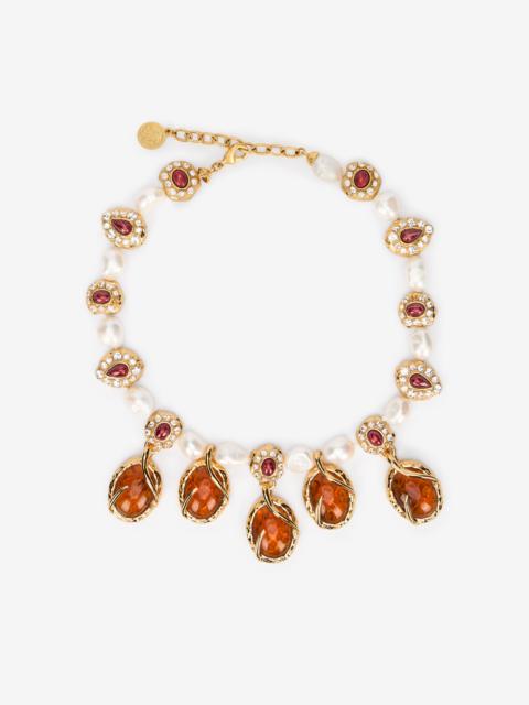 Roberto Cavalli Golden Necklace With Pearls And Topaz-Effect Stones