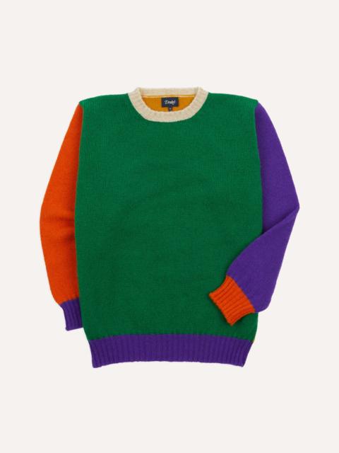 Drake's Green Multi Colourblock Brushed Shetland Crew Neck Jumper