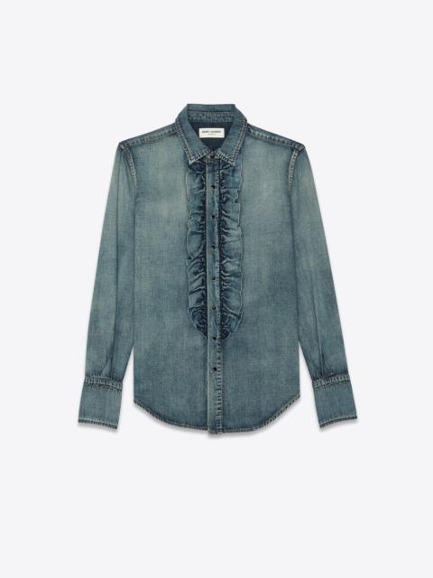 SAINT LAURENT classic shirt with ruffled front in dirty vintage blue denim