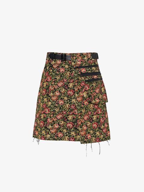 Floral-pattern jacquard-texture woven-blend mini skirt