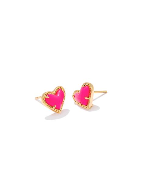 KENDRA SCOTT Ari Heart Gold Stud Earrings in Neon Pink Magnesite
