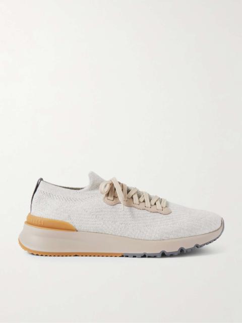 Leather-Trimmed Stretch-Knit Sneakers