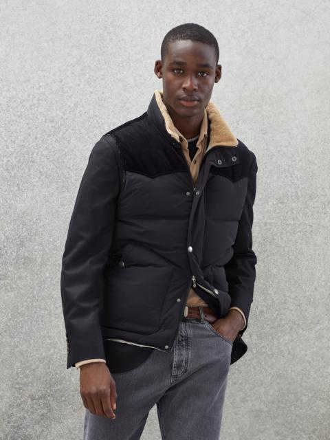Bonded nylon paneled down vest with shearling-lined collar