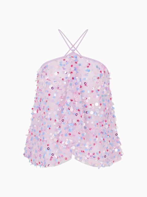 EMPORIO ARMANI Ruffled tulle top and multicoloured sequin embroidery