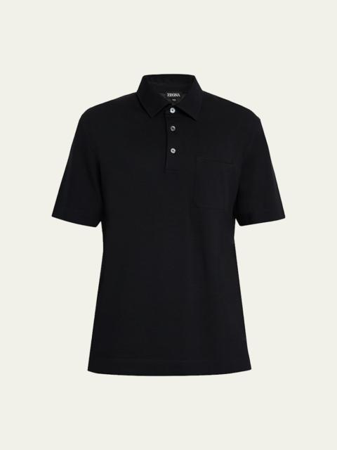 ZEGNA Men's Cotton Polo Shirt with Leather-Trim Pocket