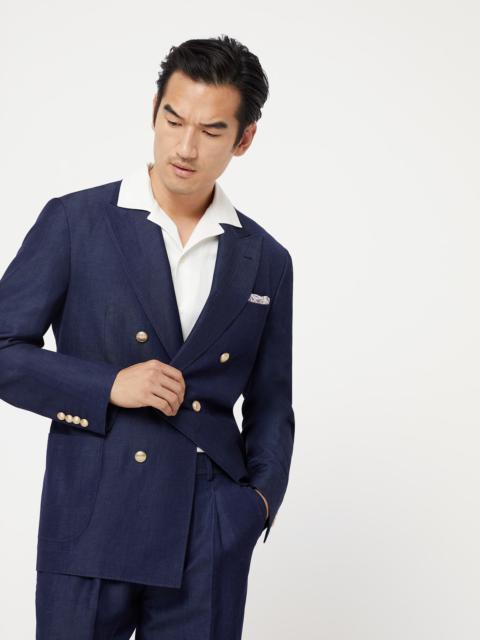 Brunello Cucinelli Wool and linen denim-effect twill one-and-a-half breasted blazer with patch pockets and metal button
