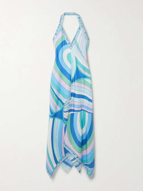 Printed silk-twill halterneck maxi dress