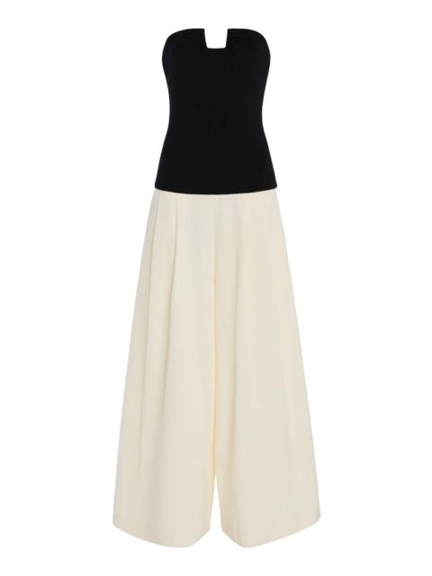 BEVZA Carolyn Strapless Silk Wide-Leg Jumpsuit black/white