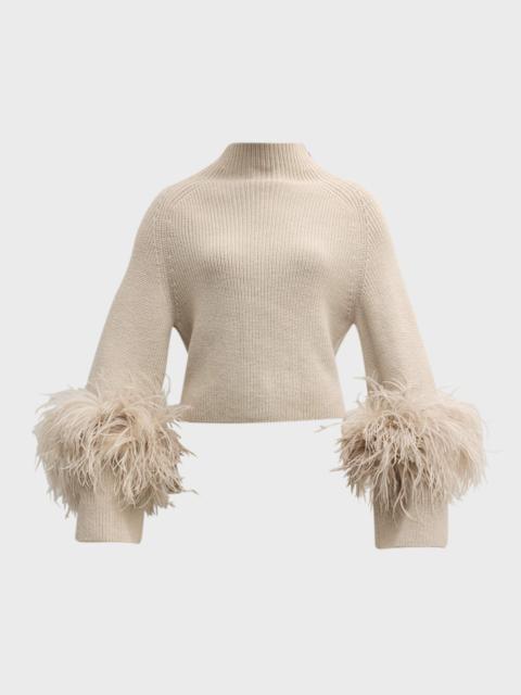 LAPOINTE Feather-Trim Slit-Sleeve Crop Sweater