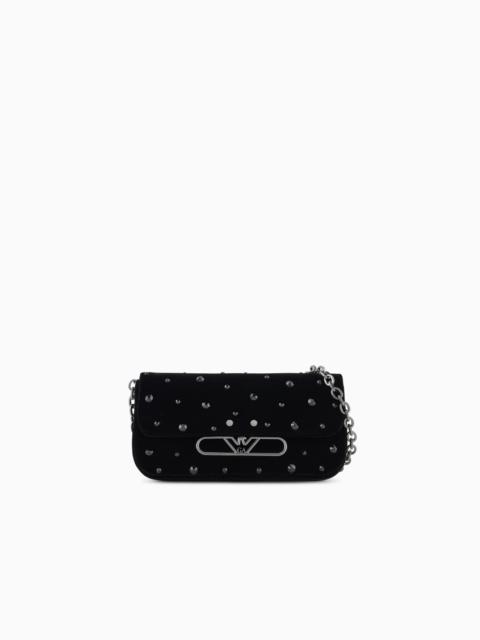 EMPORIO ARMANI MINI SHOULDER BAG MADE OF VELVET WITH RHINESTONES AND METAL EAGLE LOGO