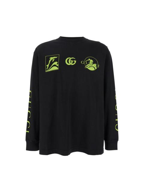 Black Crewneck T-shirt With All-over Prints And Maxi Logo Lettering On The Sleeves In Cotton Man
