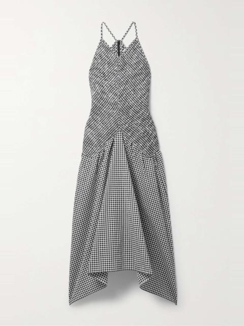 Asymmetric shirred gingham seersucker midi dress