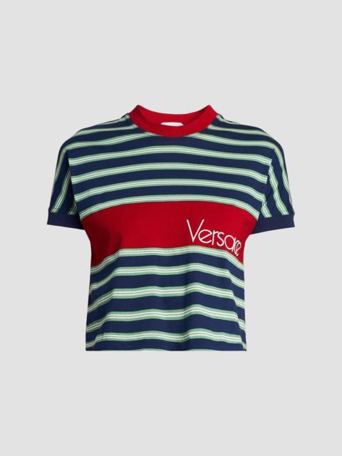 VERSACE Women's La Vacanza Vintage Logo Stripe Cotton T-Shirt - Ink Grass Green White