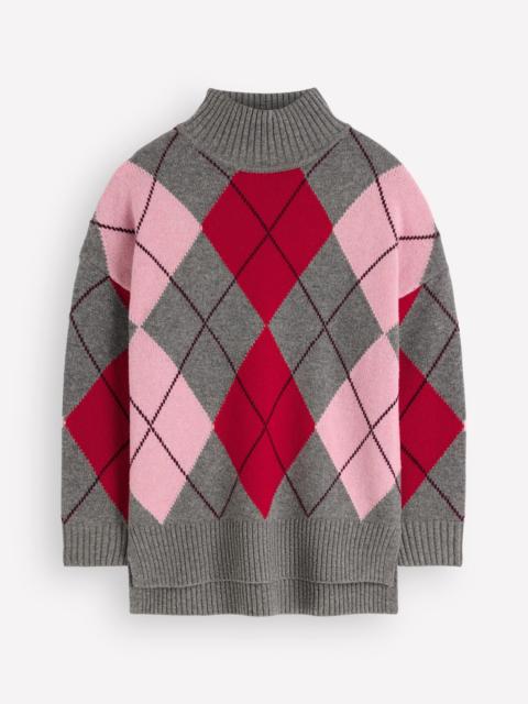 BODEN Marta Longline Merino Jumper-Grey, Red, Pink Argyle