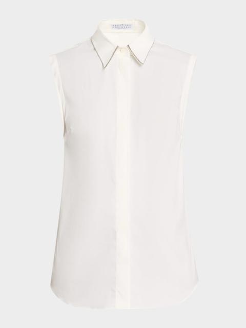 Brunello Cucinelli Cotton Poplin Sleeveless Top With Monili Trim