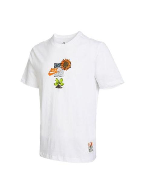 Men's Nike Logo Plant Pattern Cartoon Printing Round Neck Casual Short Sleeve White T-Shirt DQ1034-1