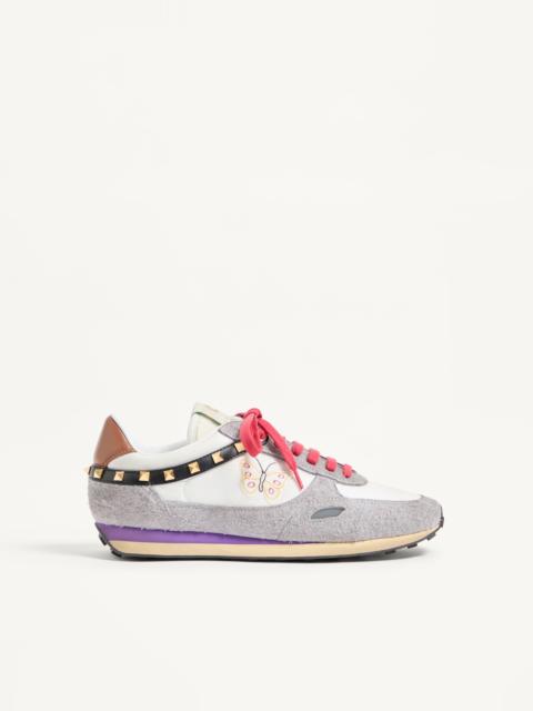 Valentino STUD UP SNEAKER IN SPLIT LEATHER AND NYLON WITH BUTTERFLY EMBROIDERY