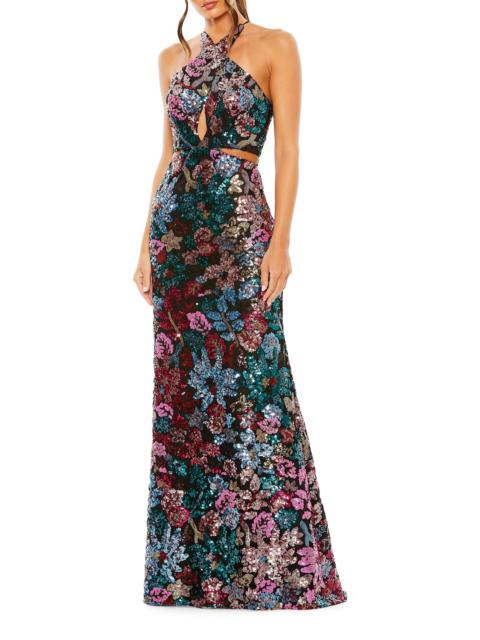 MAC DUGGAL Women's Floral Sequined Cut-Out Halter Gown - Black Multi