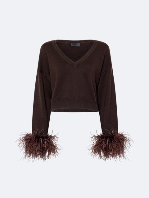 LAPOINTE Merino Cropped V-Neck Sweater with Classic Feathers