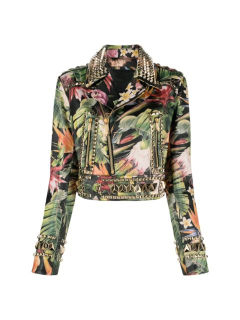 floral-print studded biker jacket