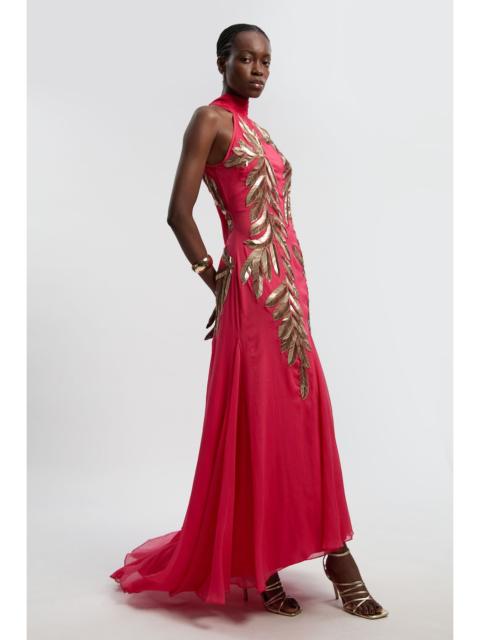 KAREN MILLEN Georgette Feather Embellished Halter Neck Woven Maxi Dress