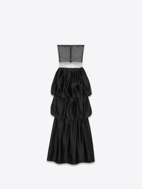 SAINT LAURENT strapless cropped top in mesh and long bubble skirt in double satin