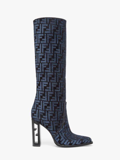 FENDI High-heeled blue FF chenille boots