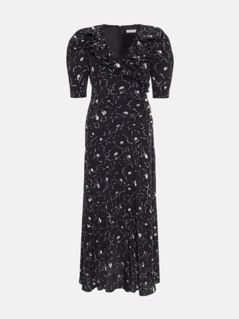 Alessandra Rich FLORAL PRINT SILK DRESS WITH V RUFFLE COLLAR