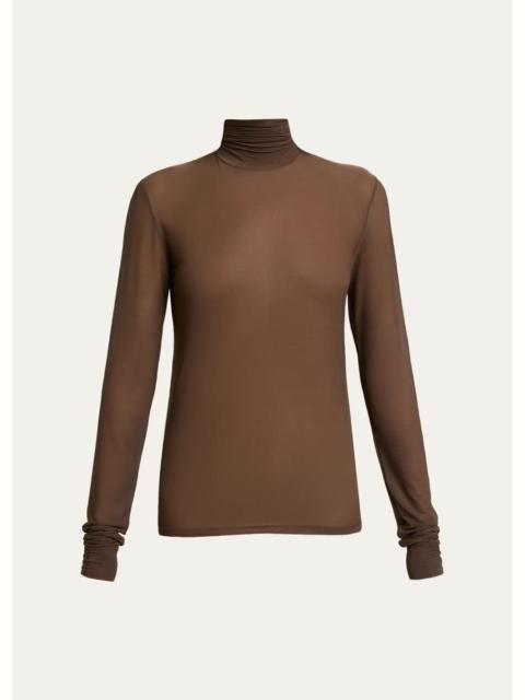 SAINT LAURENT Turtleneck Sheer Jersey Stretch Long-Sleeve Top
