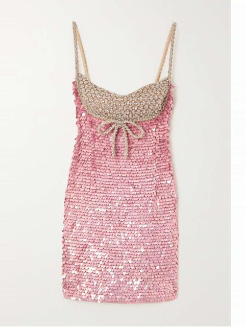 Bead-embellished sequined tulle mini dress