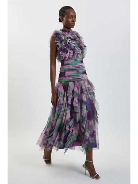 KAREN MILLEN Blurred Floral Frill Tulle Maxi Dress