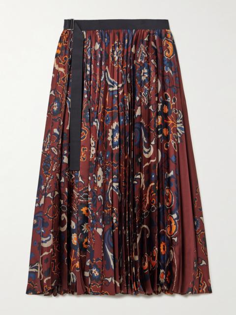 sacai Belted Grosgrain-trimmed Pleated Floral-print Satin Midi Skirt