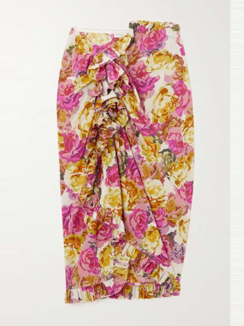 Asymmetric ruffled floral-print cotton-poplin skirt