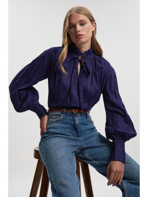 KAREN MILLEN Cotton With Lace Trim Insert High Neck Puff Sleeve Blouse