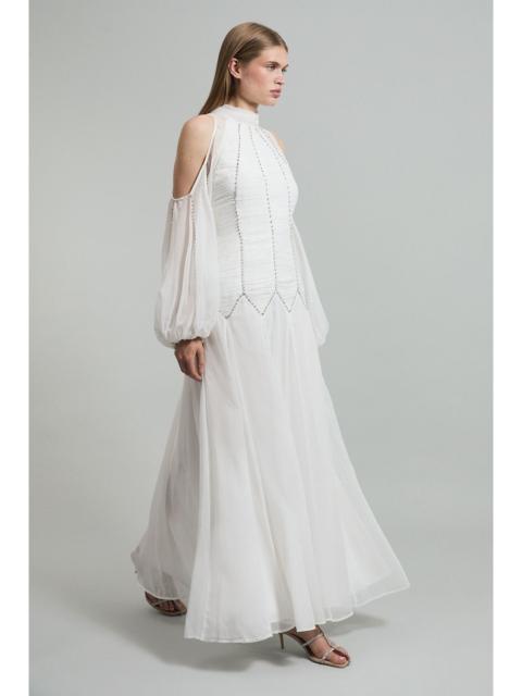 KAREN MILLEN High Neck Embellished Ruched Georgette Woven Maxi Dress