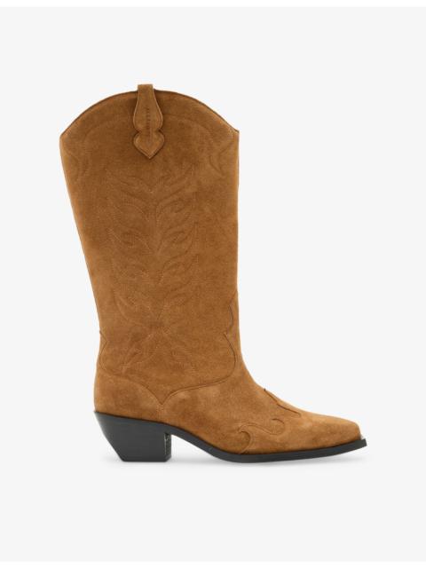ALLSAINTS Dolly Western embroidered suede knee-high heeled boots