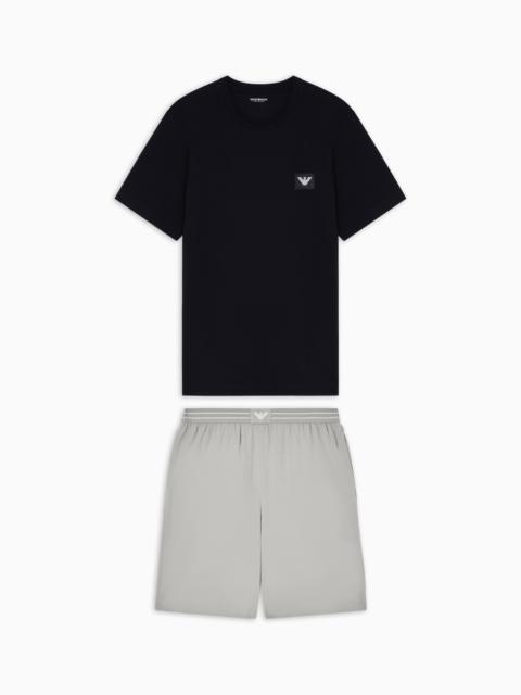EMPORIO ARMANI ASV LOGO LABEL ORGANIC JERSEY PYJAMAS WITH BERMUDA SHORTS