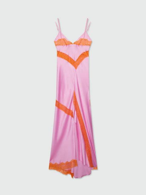 MSGM Pink satin long dress with lace inserts