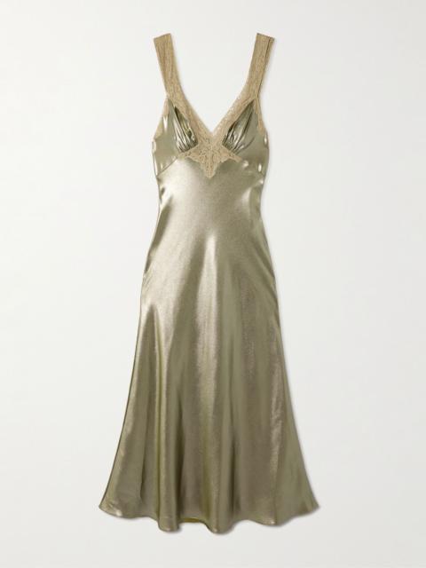 SAINT LAURENT Lace-trimmed gathered silk-charmeuse maxi dress Gold