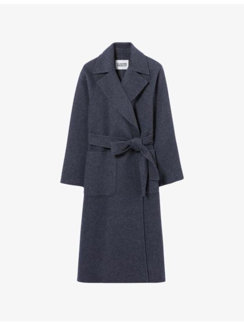 Claudie Pierlot Lapel-Collar Belted-Waist Long Wool-Blend Coat