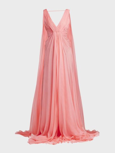 Valentino Plunging Pleated Sleeveless Silk Cape Gown