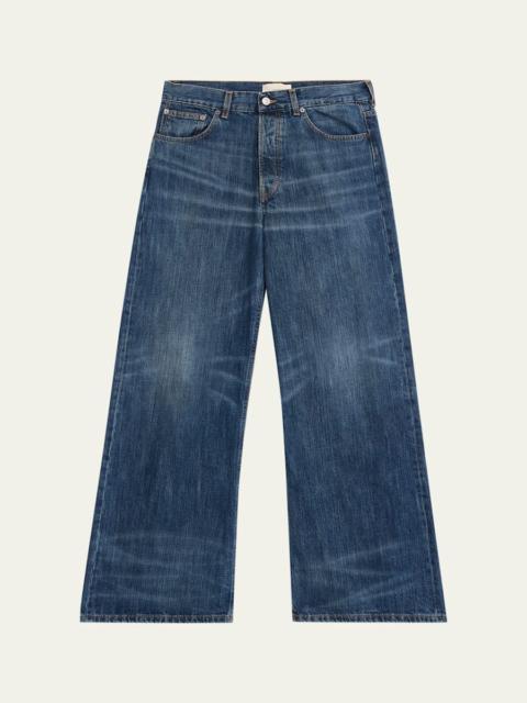 JEANERICA Men's Whiskered Dark Blue Denim Wide-Leg Jeans