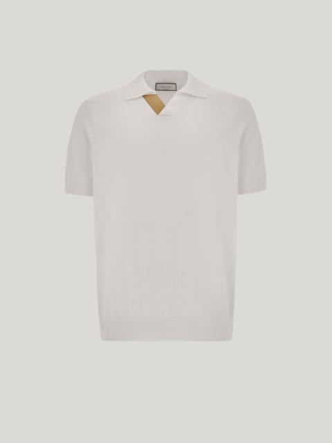 Canali WHITE COTTON MODAL POLO SHIRT WITH LEATHER DETAILS