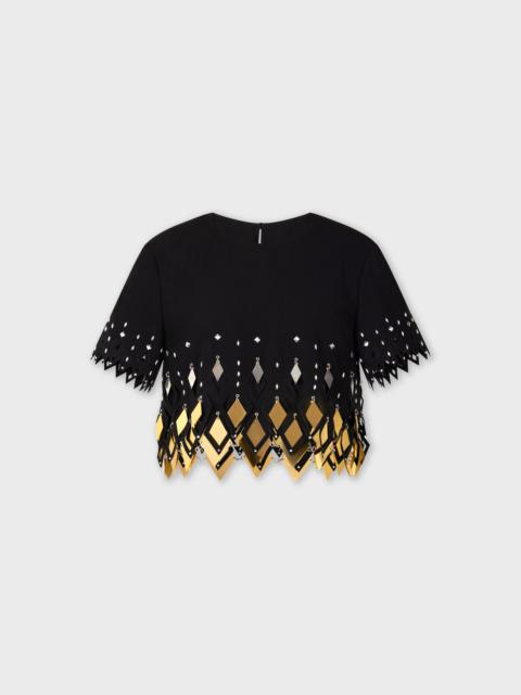 rabanne BLACK CREPE CROP TOP WITH DIAMOND-SHAPED LASER ASSEMBLY
